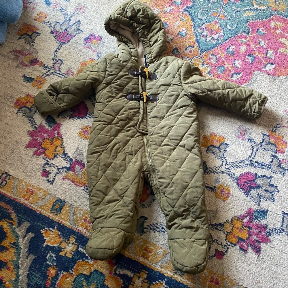 RuggedBear Baby Quilted Hooded Snowsuit Olive With Toggle Closure Sz 6-9 M